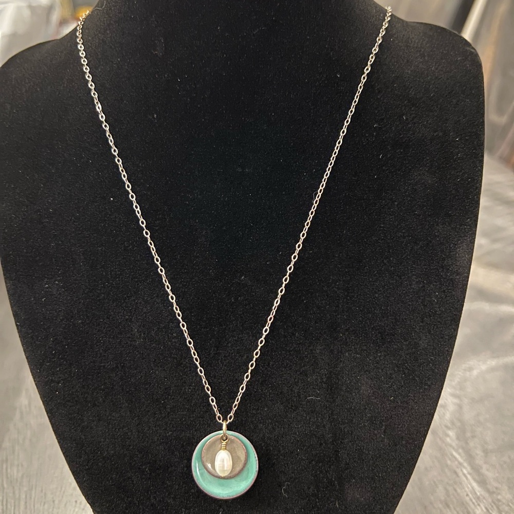 NEW Handmade Enamel Copper Disks & Freshwater Pearl Sterling Necklace - Picture 3 of 9